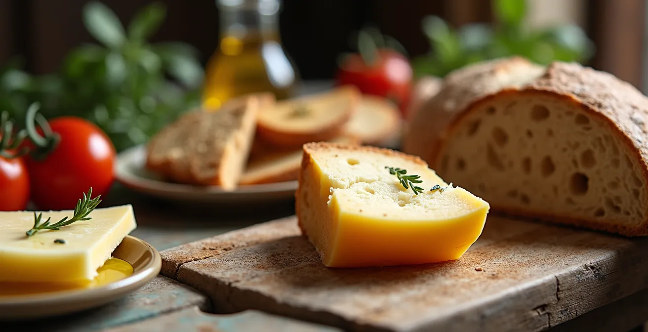Tavola rustica apparecchiata con prodotti tipici locali in ambiente agrituristico tradizionale