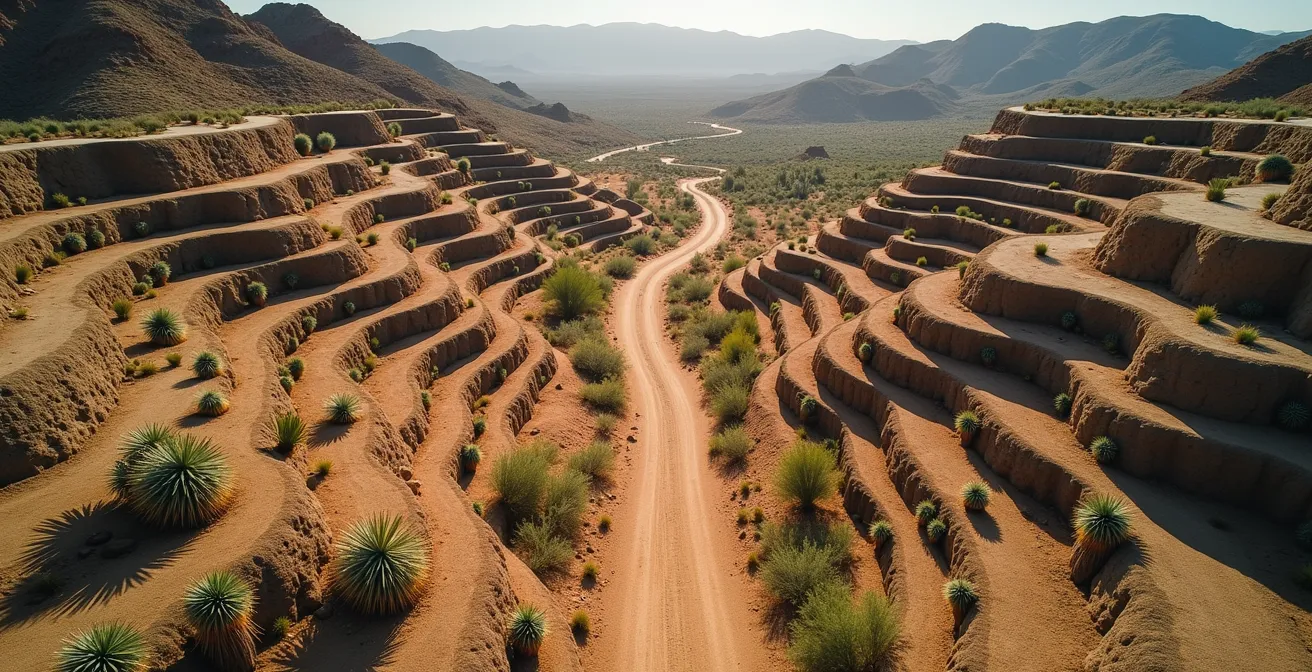 Vista aerea di un sistema agricolo con tecniche di aridocoltura e keyline design in ambiente mediterraneo