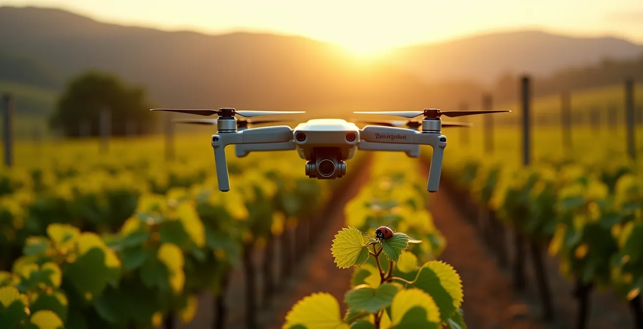 Drone agricolo che sorvola vigneto biologico italiano con sensori di monitoraggio