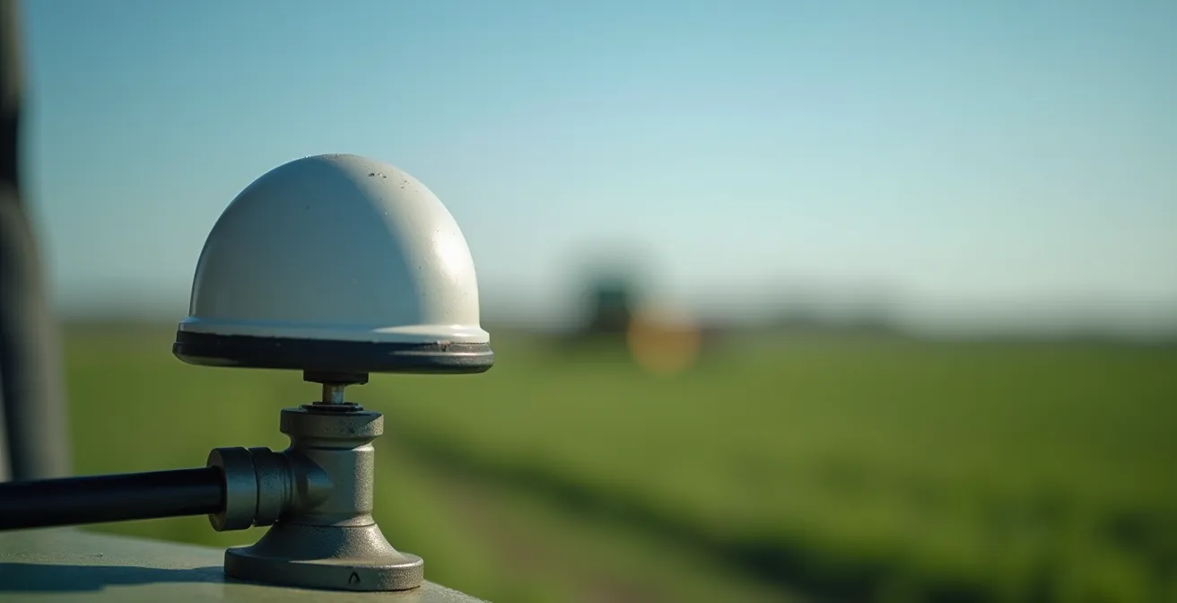 Vista macro di antenna GPS su trattore con campo coltivato