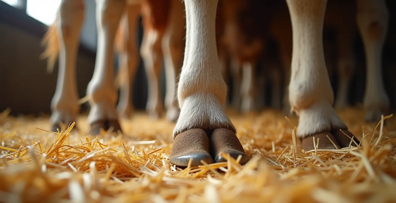Primo piano macro di zoccoli bovini sani su lettiera pulita di paglia, mostrando la texture e la salute podale
